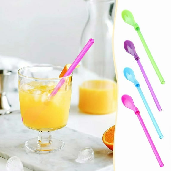 Multifunctional Spoon Straw Mixer Set | 5-Piece Durable Plastic Reusable Stirring Scooping Drinking Utensils | Dual-Ended Spoon Scoop & Narrow Straw | Easy to Clean | For Tea Juice Mixed Beverages