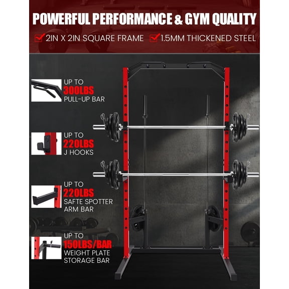 Multifunctional Squat Rack Adjustable Power Cage Home Gym Strength Training with Pull  Bar J-Hooks Safety Arms