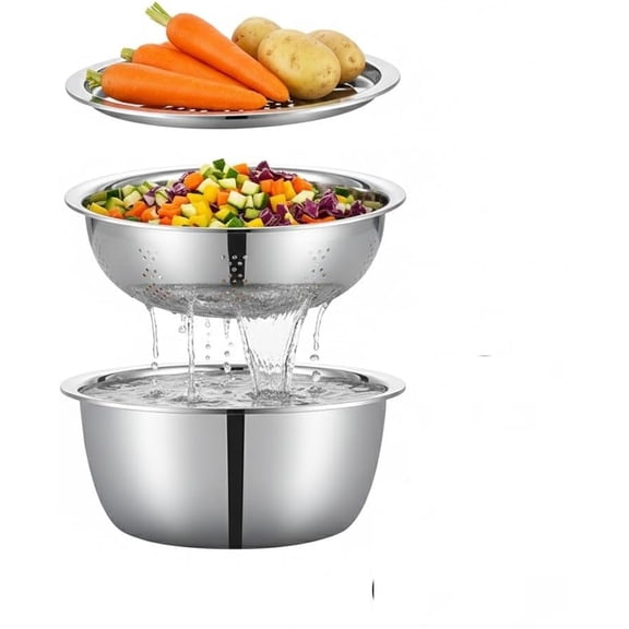 Multifunctional Stainless Steel Basin, 2026 New 3 in 1 Multifunctional Stainless Steel Basin Strainer Set with Grater, Strainer Drain Basket for Rinsing Draining Mixing (S (10.24in))