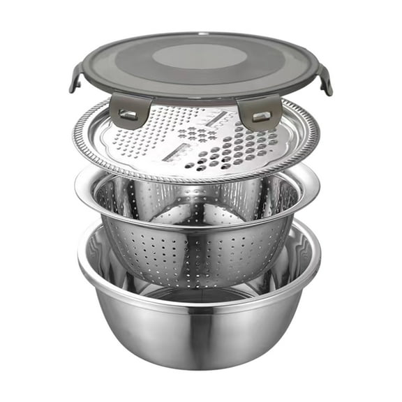 Multifunctional Stainless Steel Basin, 3 in 1 Colander Strainer Set, Vegetable Cutter With Drain Basket,Graters Cheese Grater Salad Maker Bowl Drain Basin, Stainless Steel Colander for Kitchen