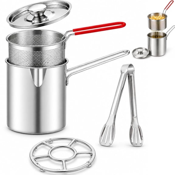 Multifunctional Stainless Steel Fryer, 1.2L Mini Deep Fryer with Basket and Tongs, Removable Pot for Fries Chicken Snacks Home Kitchen Cooking