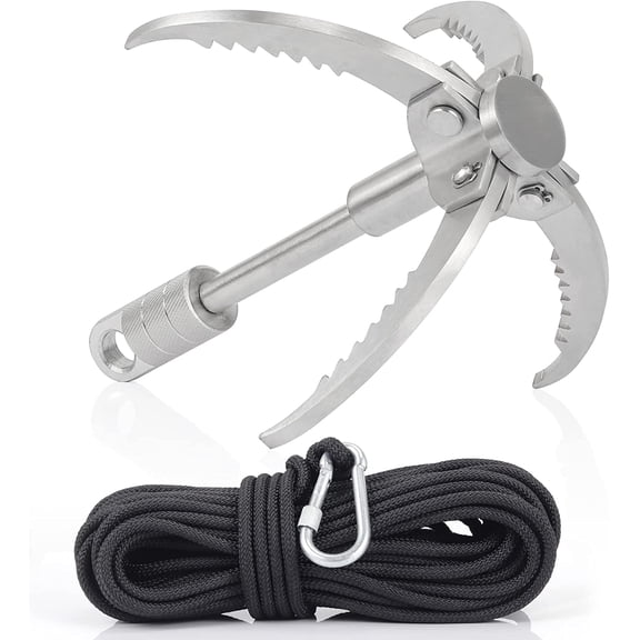 Multifunctional Stainless Steel Grappling Hook with 64FT/20M Nylon Rope, 4 Sawtooth Claw Folding Survival Anchor Hook, Up to 770LBS Load for Camping Fishing Towing & Outdoor Anchoring