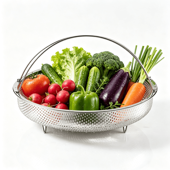 Multifunctional Stainless Steel Steamer Basket | Fine Mesh Steam Rack with Carrying Handle | High-Temp Safe Draining Basket for Rice & Vegetables | 1-Piece