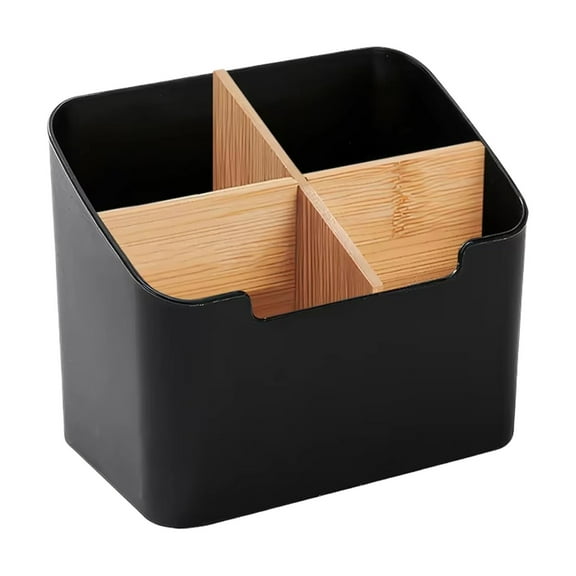 Multifunctional Storage Box with Removable Compartments, Wood Grain Organizer for Stationery Remote Control Cosmetics, Desktop Display, 1X Box Black Tanuke