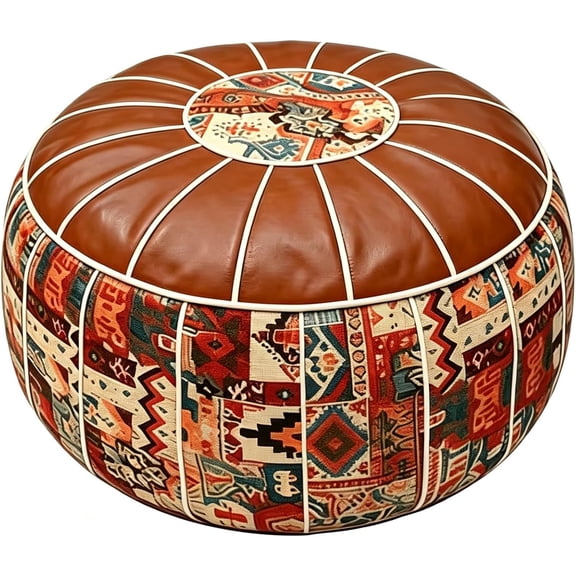 Multifunctional Storage Ottoman Pouf - Round Moroccan Footrest (#A) Boho Faux Leather & Jacquard Fabric Stool Box for Living Room, Bedroom, Extra Seating Footrest Cover (Unstuffed)