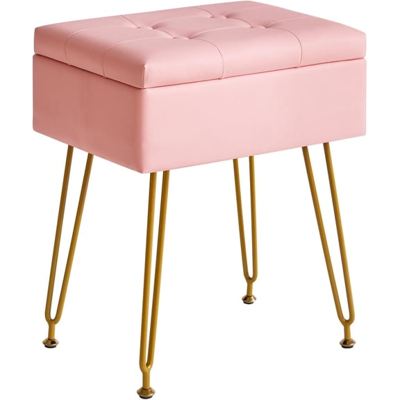 Multifunctional Storage Vanity Stool with Flip Tabletop, Adjustable Metal Legs & PU Leather - 40x30x48cm Ottoman Footrest for Makeup, Living Room, Entryway, Pink