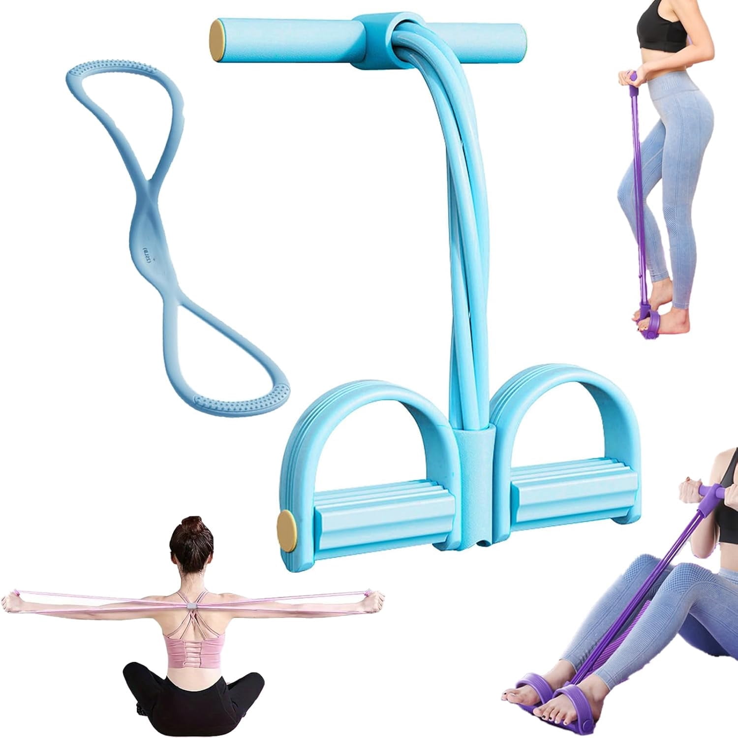 Multifunctional Tension Cor, Comes with a Figure 8 Exercise Bands Upgrade 8 Tube Foot Pedal Resistance Band with Handle Thick Latex Material