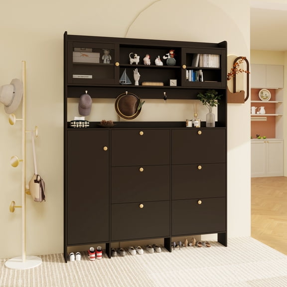 Multifunctional Tipping Bucket Shoe Cabinet with Storage Shelf & 6 Flip Drawers, Large Hall Tree with Tempered Glass Doors, Foyer Cabinet with 4 Hooks for Hallway, Black