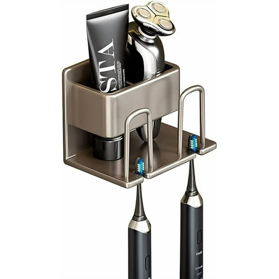 Multifunctional Toothbrush Holder/Punch Free Mouthwash Cup Toothpaste Holder/Wall Mounted Bathroom Storage Box/Electric Toothbrush Holder,Bathroom Essentials[Gun Color|Three Persons Available]