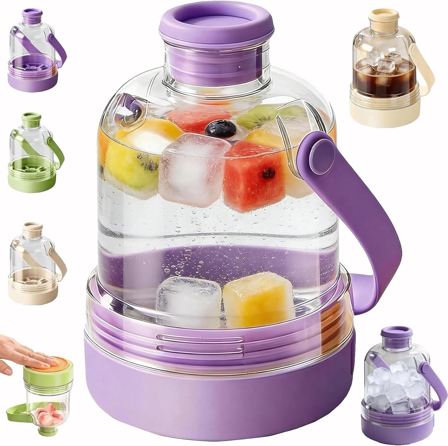 Multifunctional Transparent Water Bottle Ice Maker with Ice Tray, 2-in-1 Portable Ice Cube Bottle with Handle, Touch-Free Press Release Silicone Mold, Leak-Proof for Travel Gym Office Home (Purple)