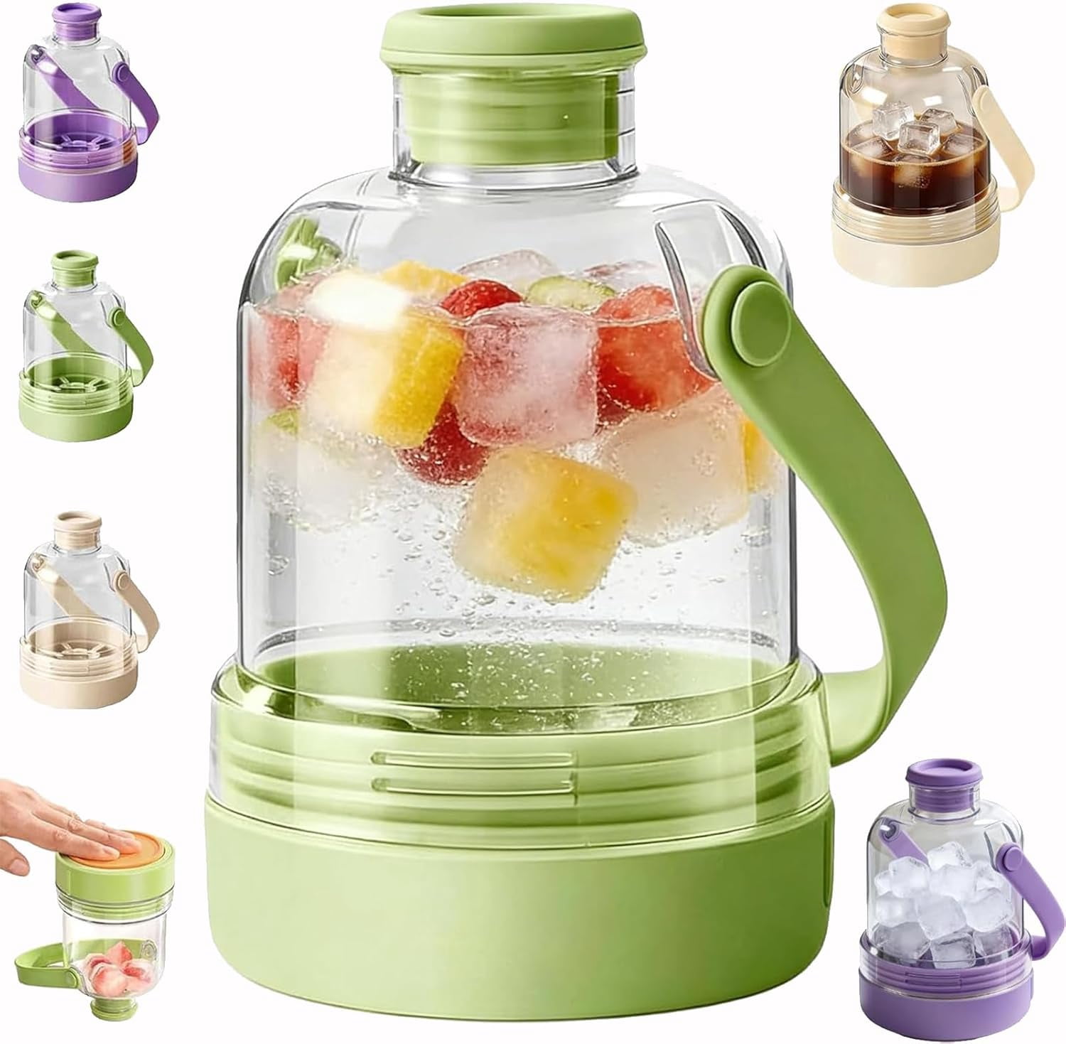 Multifunctional Transparent Water Bottle Ice Maker with Ice Tray, 2-in-1 Portable Ice Cube Bottle with Handle, Touch-Free Press Release Silicone Mold, Leak-Proof for Travel Gym Office Home (Green)