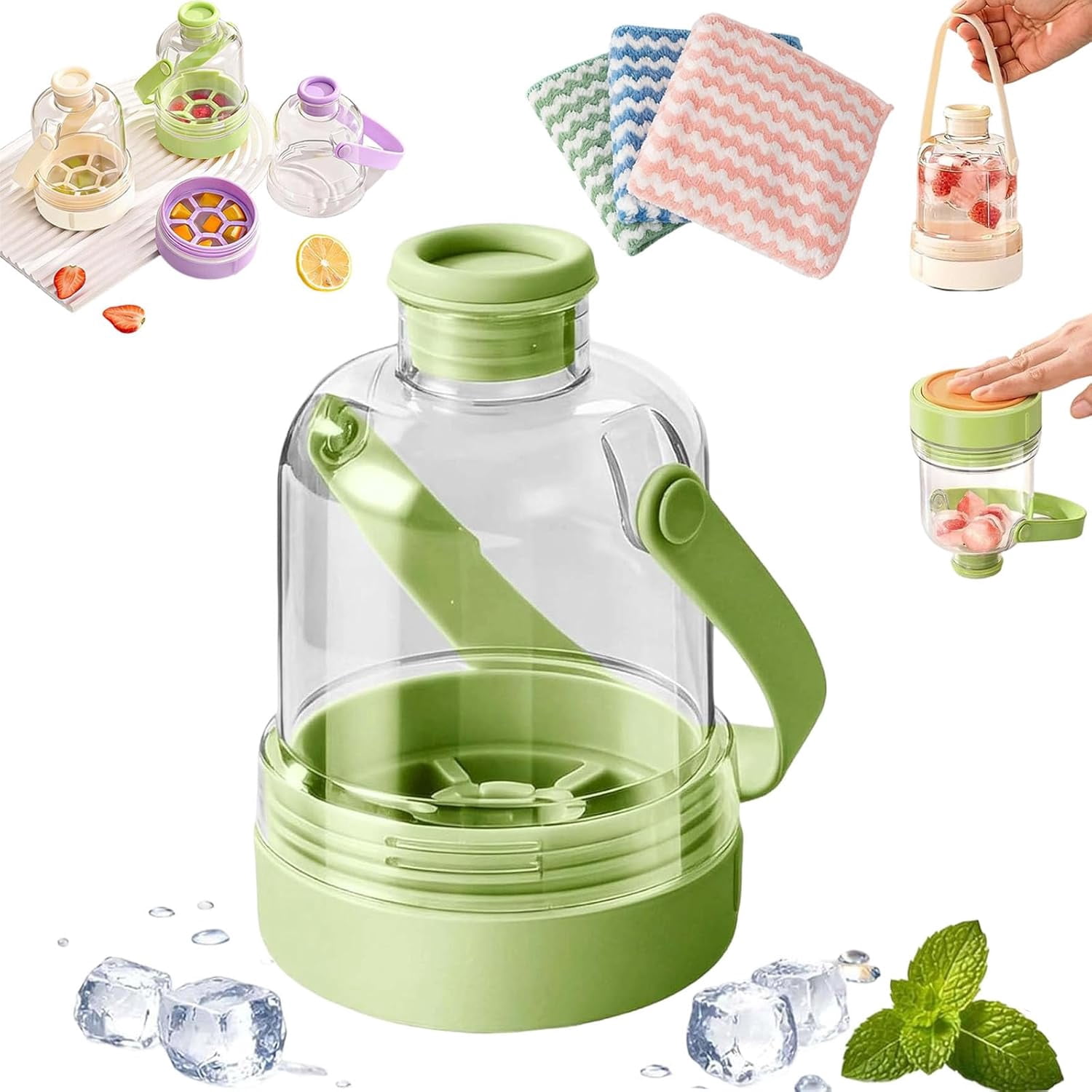 Multifunctional Transparent Water Bottle Ice Maker with Ice Tray, Ice Tray Water Bottle in One, Portable Iced Coffee Cup for Outdoor Travel Camping Home Office (Green*1)