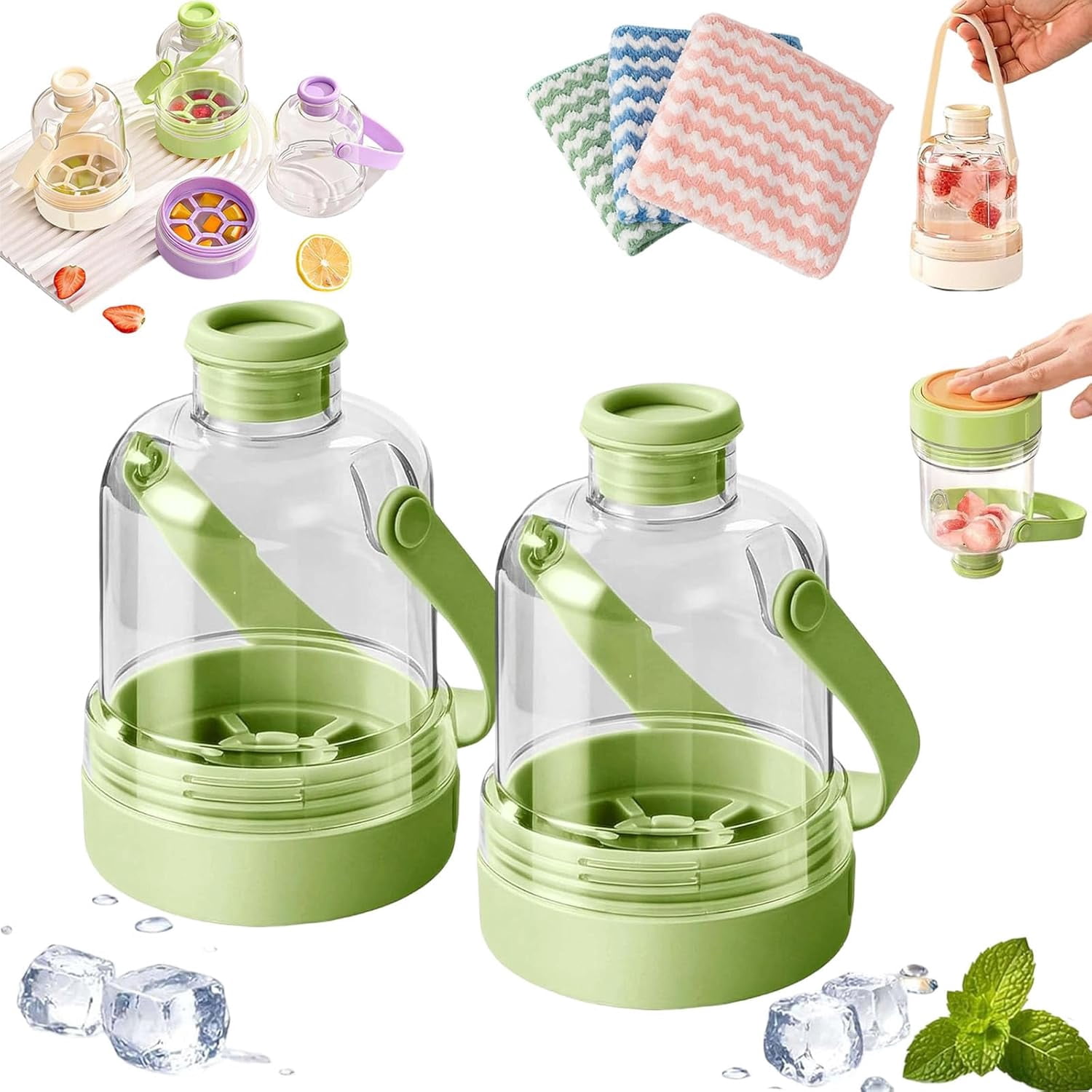 Multifunctional Transparent Water Bottle Ice Maker with Ice Tray, Ice Tray Water Bottle in One, Portable Iced Coffee Cup for Outdoor Travel Camping Home Office (Green*2)