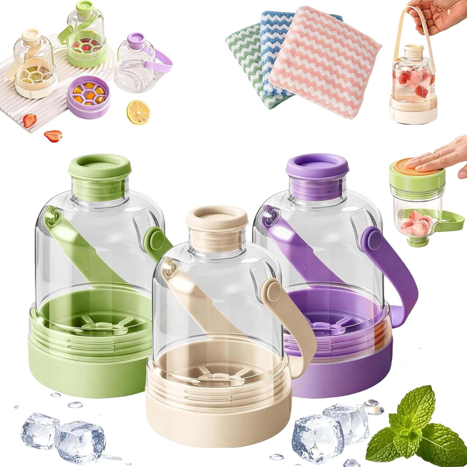 Multifunctional Transparent Water Bottle Ice Maker with Ice Tray, Ice Tray Water Bottle in One, Portable Iced Coffee Cup for Outdoor Travel Camping Home Office (Purple + White + Green)