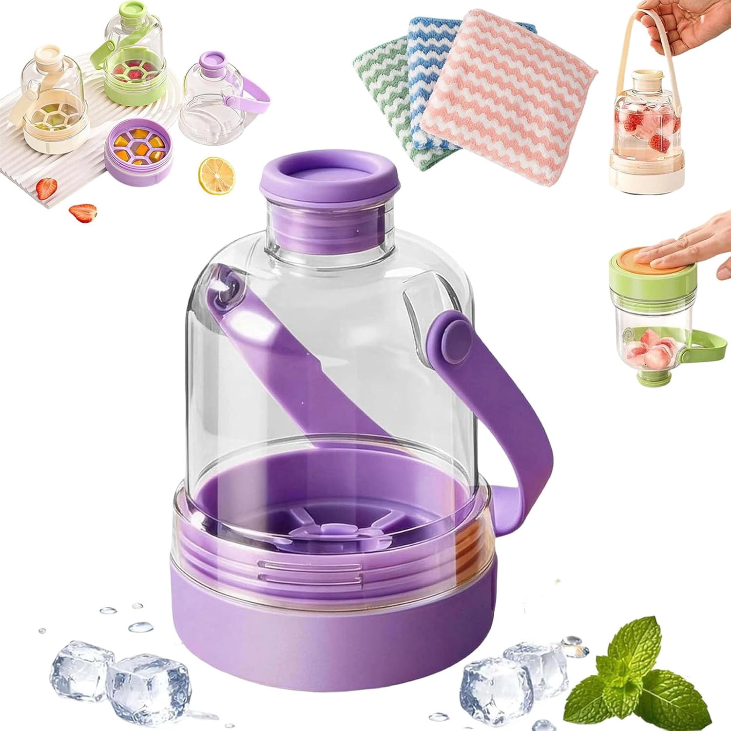 Multifunctional Transparent Water Bottle Ice Maker with Ice Tray, Ice Tray Water Bottle in One, Portable Iced Coffee Cup for Outdoor Travel Camping Home Office (Purple*1)