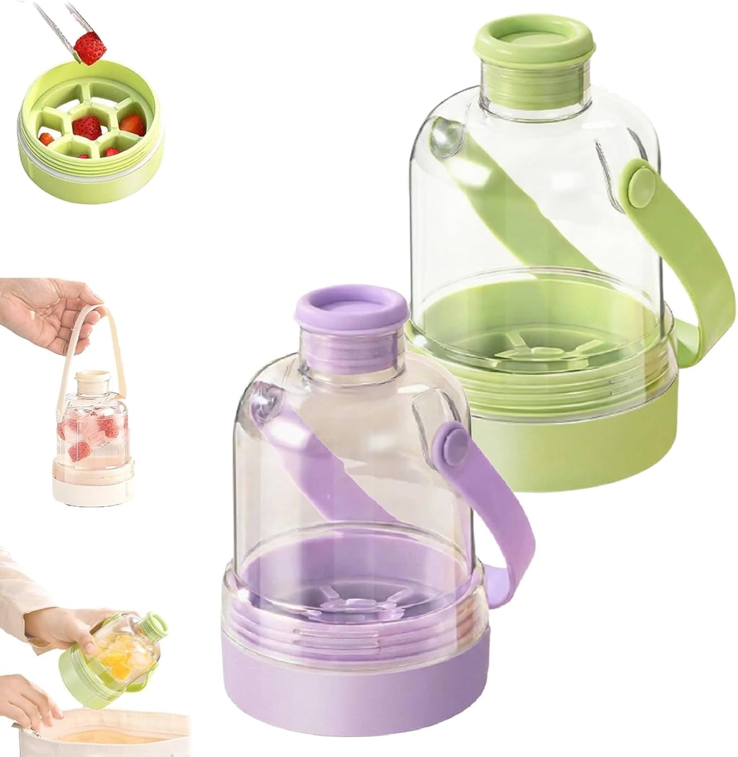 Multifunctional Transparent Water Bottle Ice Maker with ice Tray, 2026 New 2 in 1 Ice Cube Water Bottle with Handle, Portable Ices Ball Maker Iced Cup for Outdoor Travel Gym Home (Green+purple)