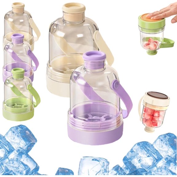 Multifunctional Transparent Water Bottle Ice Maker with Ice Tray, 2 in 1 Ices Makers Cup with Ices Cube Molds, for Outdoor Travel (Beige+Purple)