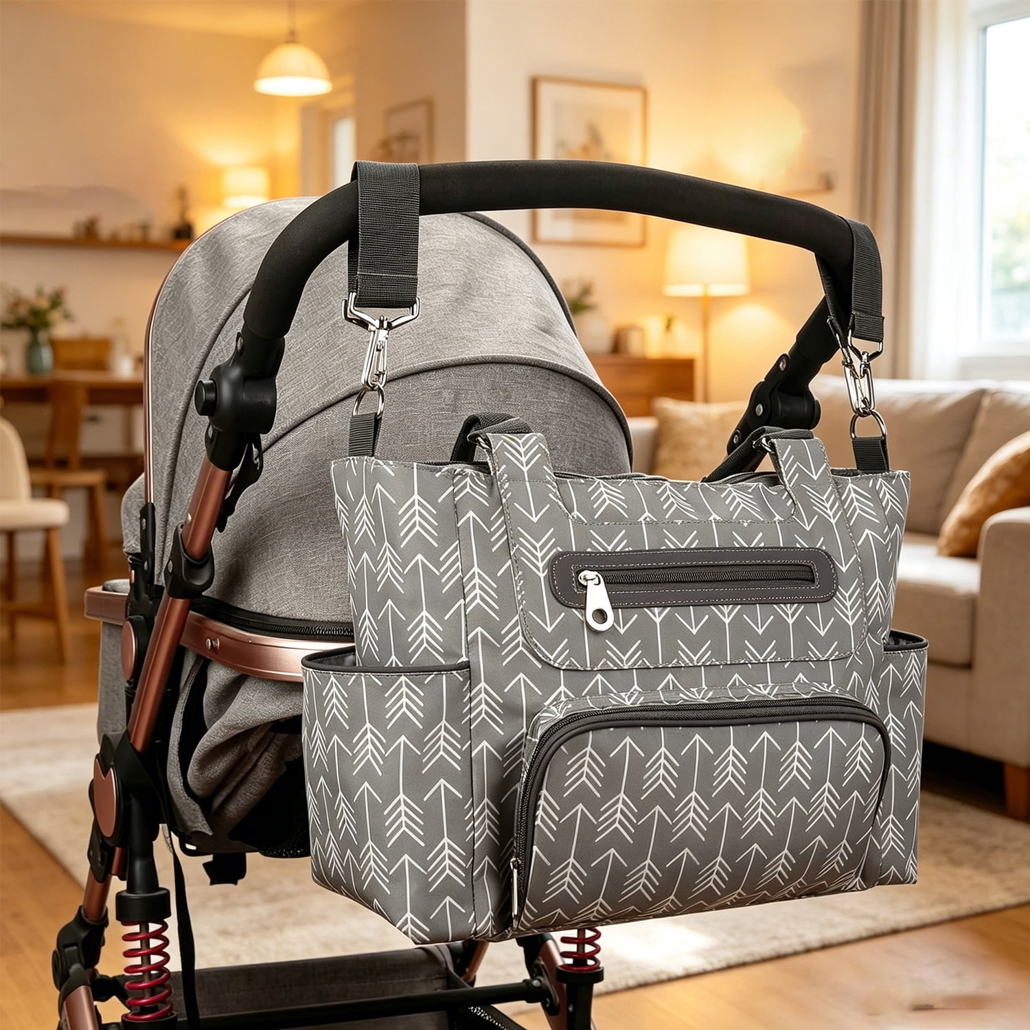 Multifunctional Travel Nappy Bags for Baby Care, TeqHome Set of 8 Pcs Baby Nappy Diaper Bags with Changing Pad Bottle Bag Mesh Bag Purse 2 Burp Cloths 2 Hook Straps, Large Capacity, Dark Grey