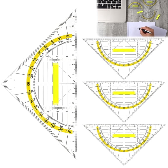 Multifunctional Triangle Ruler with Handle, 4 PCS Transparent Set Square Protractor Plastic Drafting Triangles for Designers Architectors Engineers Geometry Drawing Tools