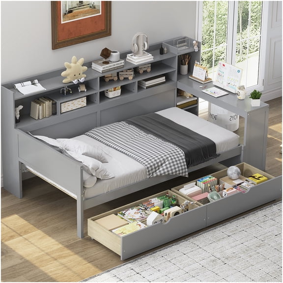 Multifunctional Twin Daybed with Study Desk, Storage Drawers and Shelves for Space Saving