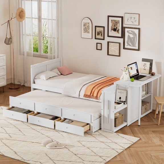 Multifunctional Twin Size Bed: Desk, Trundle & Storage - White