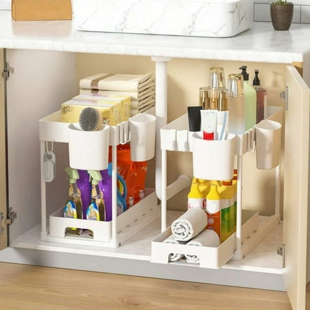 Multifunctional Under Sink Storage Organizer, Pull-Out Cabinet Rack, 2 Tier Bathroom Shelf
