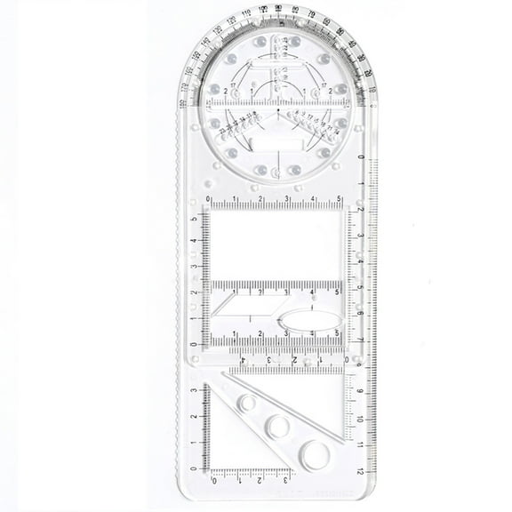 Multifunctional Undergraduate Math Ruler, Rotatable Drawing Template with Geometric Shapes, Transparent Plastic Design for Precision Sketching and Drafting, Ideal for Educational, Office,