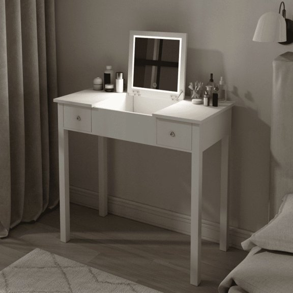 Multifunctional Vanity Desk with 3-Level Adjustable Lighting with Flip-top Mirror & Storage 15.75" Deep Makeup Table 2 Drawers & 3 Removable Organizer Boxes Compact Home Office Desk White