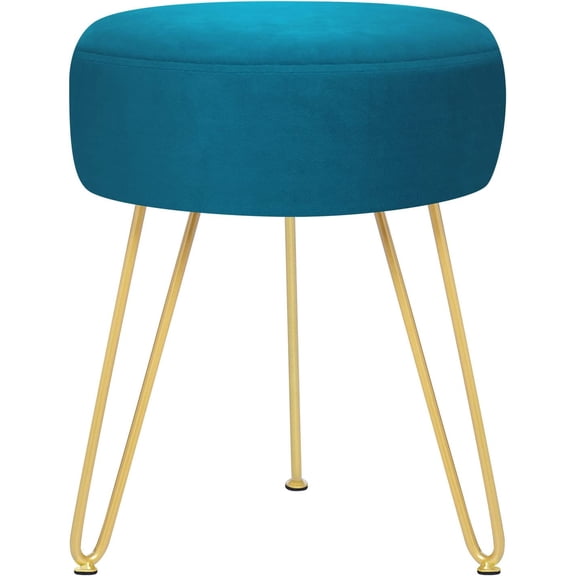 Multifunctional Vanity Stool - Velvet Footrest Stool-Upholstered Chair Stool -Ottoman Round Modern Dressing Chair - Side Coffee Table Seat with Golden Metal Leg for Living Room (Peacock Blue)