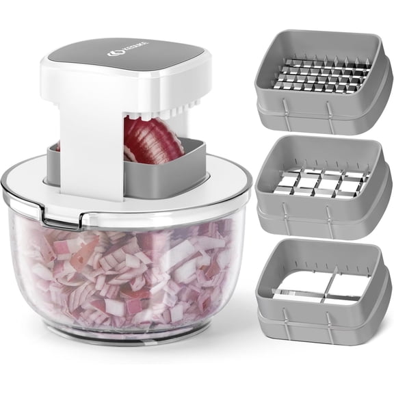Multifunctional Vegetable Chopper Bowl White - 3 Interchangeable Blades Potato French Fry Cutter with Container & Storage Box Food Dicer for Cucumber, Tomato, Carrot, Onion