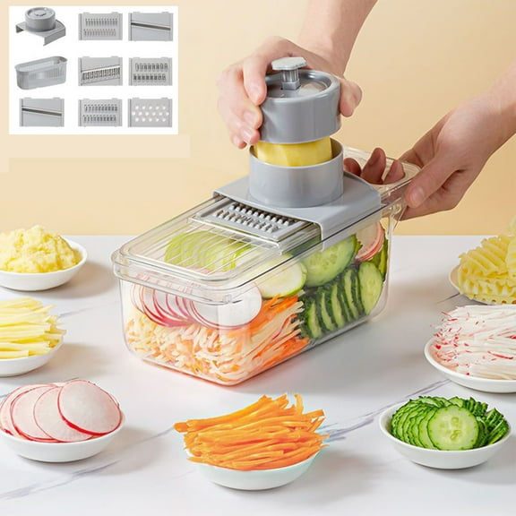 Multifunctional Vegetable Chopper with 7 Interchangeable Stainless Steel Blades Container Dicer Grater for Kitchen Clean Dishwasher Safe