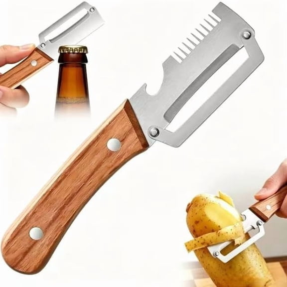 Multifunctional Vegetable Peeler, 3-in-1 Peelers For Kitchen with Bottle Opener, Sharp Stainless Steel Swivel Blade, Wooden Handle, For Vegetables or Fruits that Need to Be Peeled 1PCS