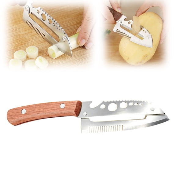 Multifunctional Vegetable Peeler 7-in-1,Kitchen Tool with Wooden Handle, Built-in Knife for Cutting, Peeling, Scaling, Grating & Bottle Opener(1PC)