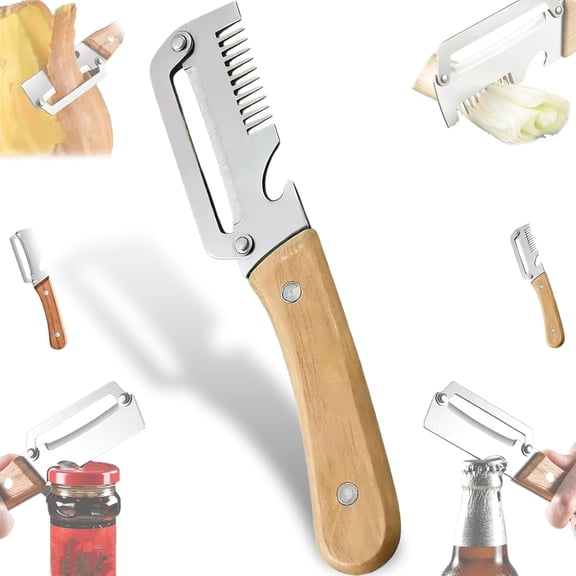 Multifunctional Vegetable Peeler With Wooden Handle, 3 In 1 Stainless Steel Sharp Knife For Fruit And Hard Skinned Produce, Zero Snag Kitchen Tool With Bottle Opener (Rallar)
