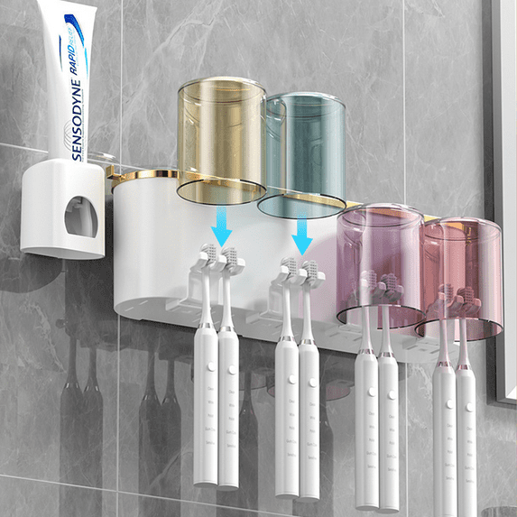 Multifunctional Wall Mount Toothbrush Holder Rack Organizer Automatic Toothpaste Dispenser Squeezer with Magnetic Cups 5 Toothbrush Slots Accessory Storage