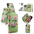 thumbnail image 1 of Multifunctional Wallet Case For iPhone XR with RFID Blocking Card Slots,Detachable Purse Soft PU Leather Magnetic Snap Hand Strap Zipper Pocket Cute Flower Phone Case with Carabiners,Green, 1 of 14