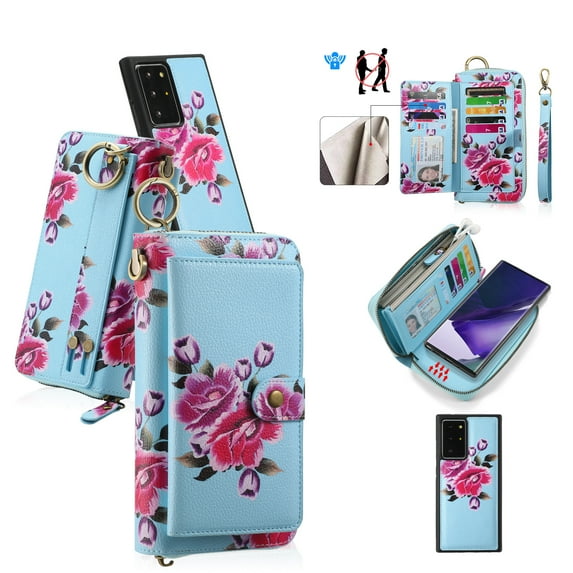 Multifunctional Wallet Case For Samsung Galaxy Note 20 with RFID Blocking Card Slots,Detachable Purse Soft PU Leather Magnetic Snap Hand Strap Zipper Pocket Cute Flower Case with Carabiners,Skyblue