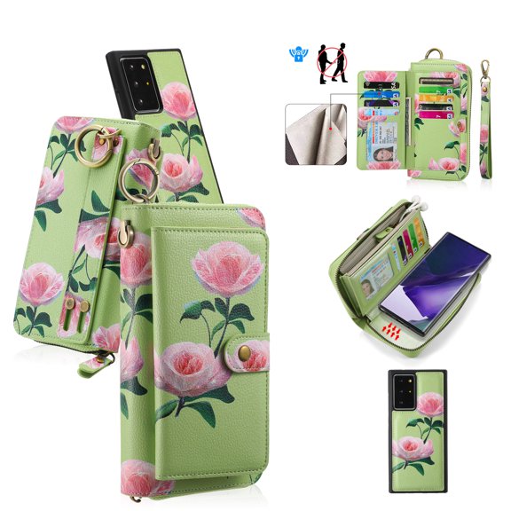 Multifunctional Wallet Case For Samsung Galaxy Note 20 with RFID Blocking Card Slots,Detachable Purse Soft PU Leather Magnetic Snap Hand Strap Zipper Pocket Cute Flower Case with Carabiners,Green