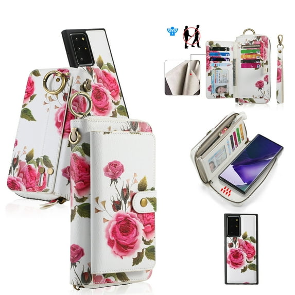 Multifunctional Wallet Case For Samsung Galaxy Note 20 with RFID Blocking Card Slots,Detachable Purse Soft PU Leather Magnetic Snap Hand Strap Zipper Pocket Cute Flower Case with Carabiners,White