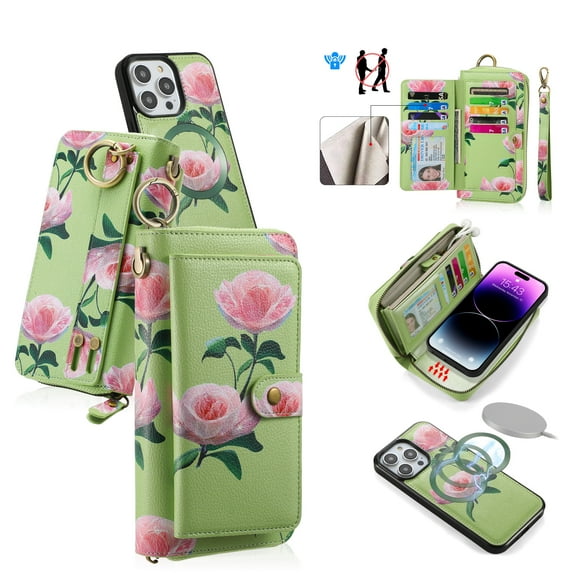 Multifunctional Wallet Case For iPhone 12 Pro / 12 with RFID Blocking Card Slots,Detachable Purse Soft PU Leather Magnetic Snap Hand Strap Zipper Pocket Cute Flower Phone Case with Carabiners,Green