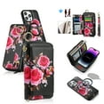 thumbnail image 1 of Multifunctional Wallet Case For iPhone 15 Plus with RFID Blocking Card Slots,Detachable Purse Soft PU Leather Magnetic Snap Hand Strap Zipper Pocket Cute Flower Phone Case with Carabiners,Black, 1 of 13