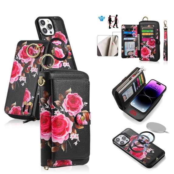 Multifunctional Wallet Case For iPhone 15 Plus with RFID Blocking Card Slots,Detachable Purse Soft PU Leather Magnetic Snap Hand Strap Zipper Pocket Cute Flower Phone Case with Carabiners,Black