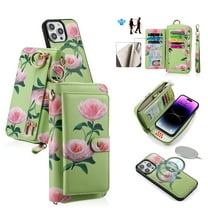 Multifunctional Wallet Case For iPhone 15 Plus with RFID Blocking Card Slots,Detachable Purse Soft PU Leather Magnetic Snap Hand Strap Zipper Pocket Cute Flower Phone Case with Carabiners,Green