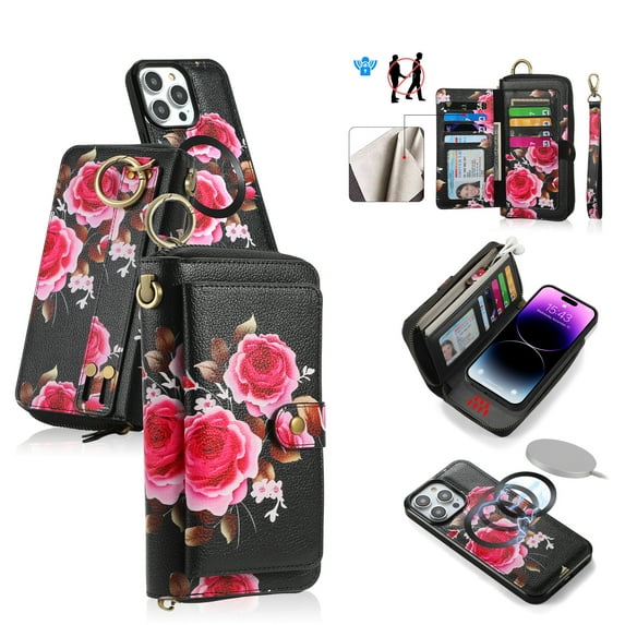 Multifunctional Wallet Case For iPhone 15 Pro Max with RFID Blocking Card Slots,Detachable Purse Soft PU Leather Magnetic Snap Hand Strap Zipper Pocket Cute Flower Phone Case with Carabiners,Black