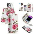 thumbnail image 1 of Multifunctional Wallet Case For iPhone 15 with RFID Blocking Card Slots,Detachable Purse Soft PU Leather Magnetic Snap Hand Strap Zipper Pocket Cute Flower Phone Case with Carabiners,White, 1 of 15