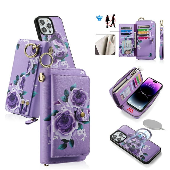 Multifunctional Wallet Case For iPhone 16 Pro with RFID Blocking Card Slots,Detachable Purse Soft PU Leather Magnetic Snap Hand Strap Zipper Pocket Cute Flower Phone Case with Carabiners,Purple