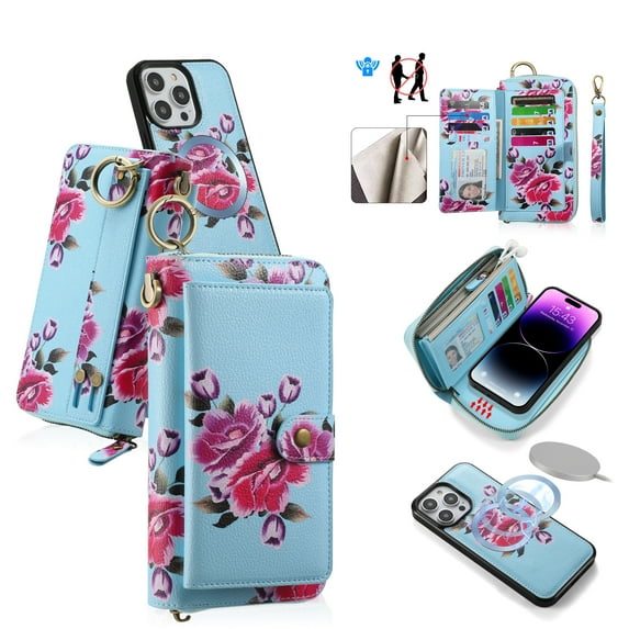 Multifunctional Wallet Case For iPhone 16 Pro with RFID Blocking Card Slots,Detachable Purse Soft PU Leather Magnetic Snap Hand Strap Zipper Pocket Cute Flower Phone Case with Carabiners,Skyblue
