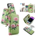 thumbnail image 1 of Multifunctional Wallet Case For iPhone 16 with RFID Blocking Card Slots,Detachable Purse Soft PU Leather Magnetic Snap Hand Strap Zipper Pocket Cute Flower Phone Case with Carabiners,Green, 1 of 15