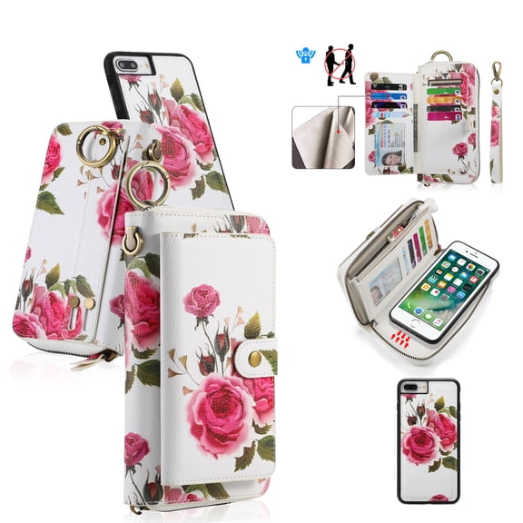 Multifunctional Wallet Case For iPhone 6 / 6S with RFID Blocking Card Slots,Detachable Purse Soft PU Leather Magnetic Snap Hand Strap Zipper Pocket Cute Flower Case with Carabiners,White