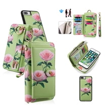 Multifunctional Wallet Case For iPhone 6 / 6S with RFID Blocking Card Slots,Detachable Purse Soft PU Leather Magnetic Snap Hand Strap Zipper Pocket Cute Flower Case with Carabiners,Green